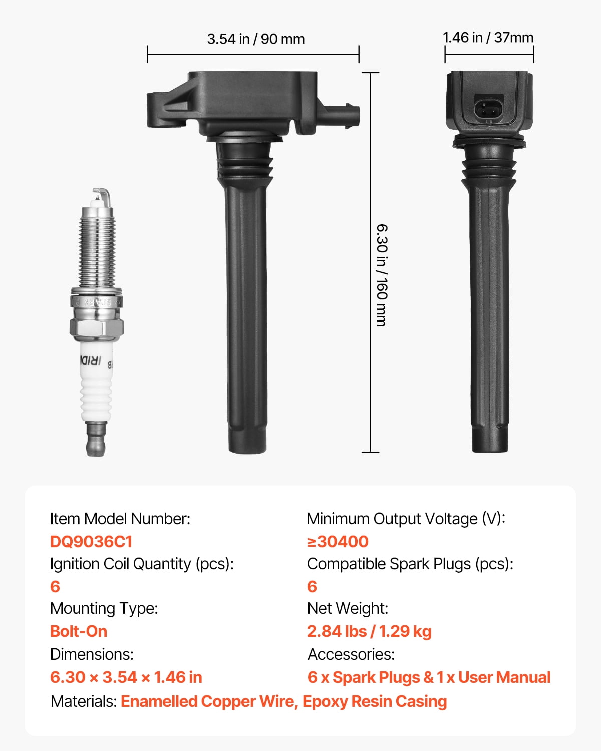 VEVOR Ignition Coil Pack and Spark Plugs,Set of 6,Compatible with Dodge Grand Caravan Charger Durango Journey Avenger Challenger Jeep Cherokee Grand Cherokee Compass Chrysler Ram ProMaster 3.6L V6