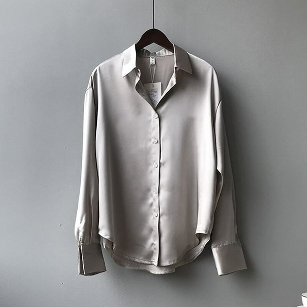 Camisa de seda satinada con botones a la moda de otono blusa Vintage para mujer camisas de calle holgadas de manga larga para mujer blanca para mujer 11355 Tan Jianjun unisex