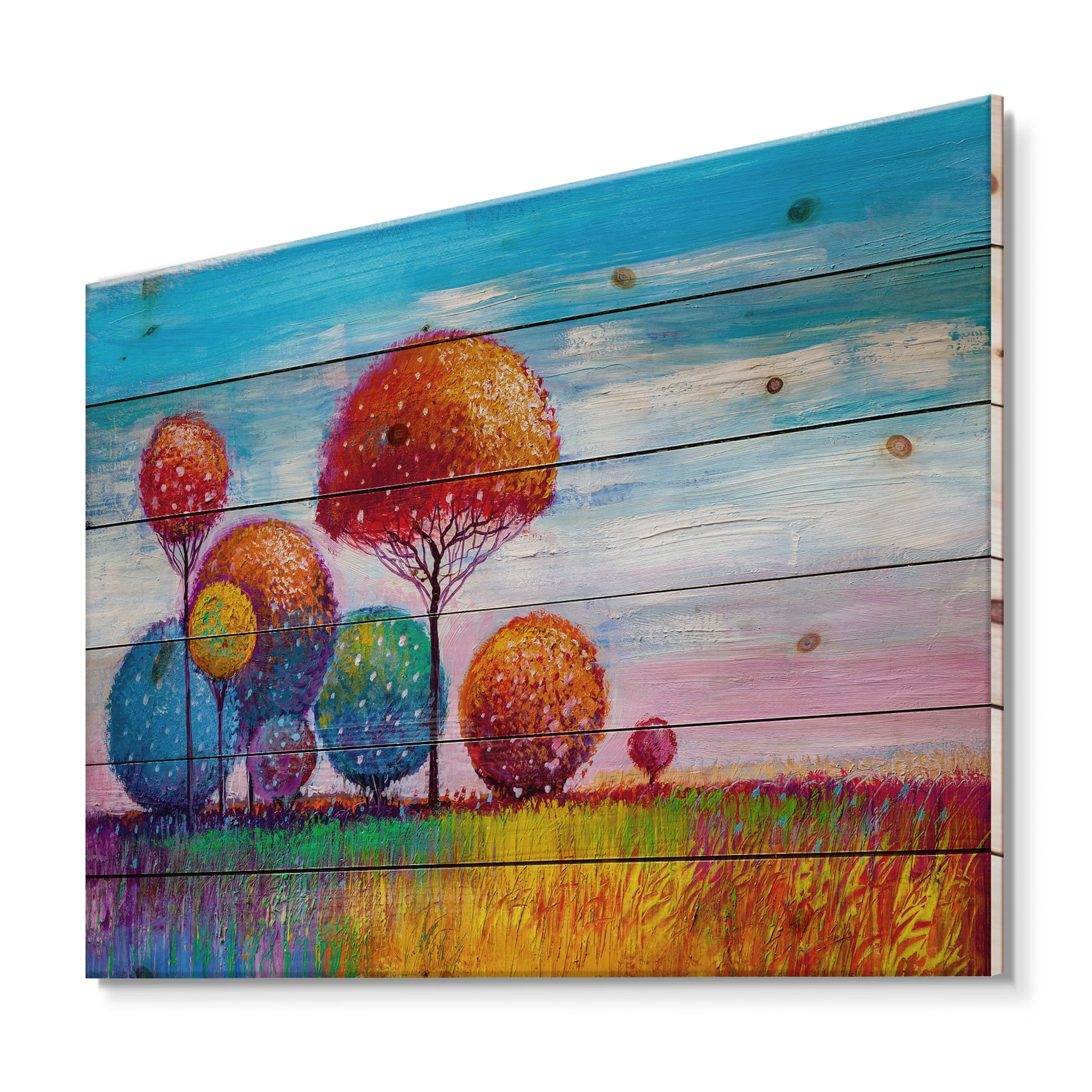 Designart 'Ornamental Colourful Trees IX' Modern Print on Natural Pine Wood