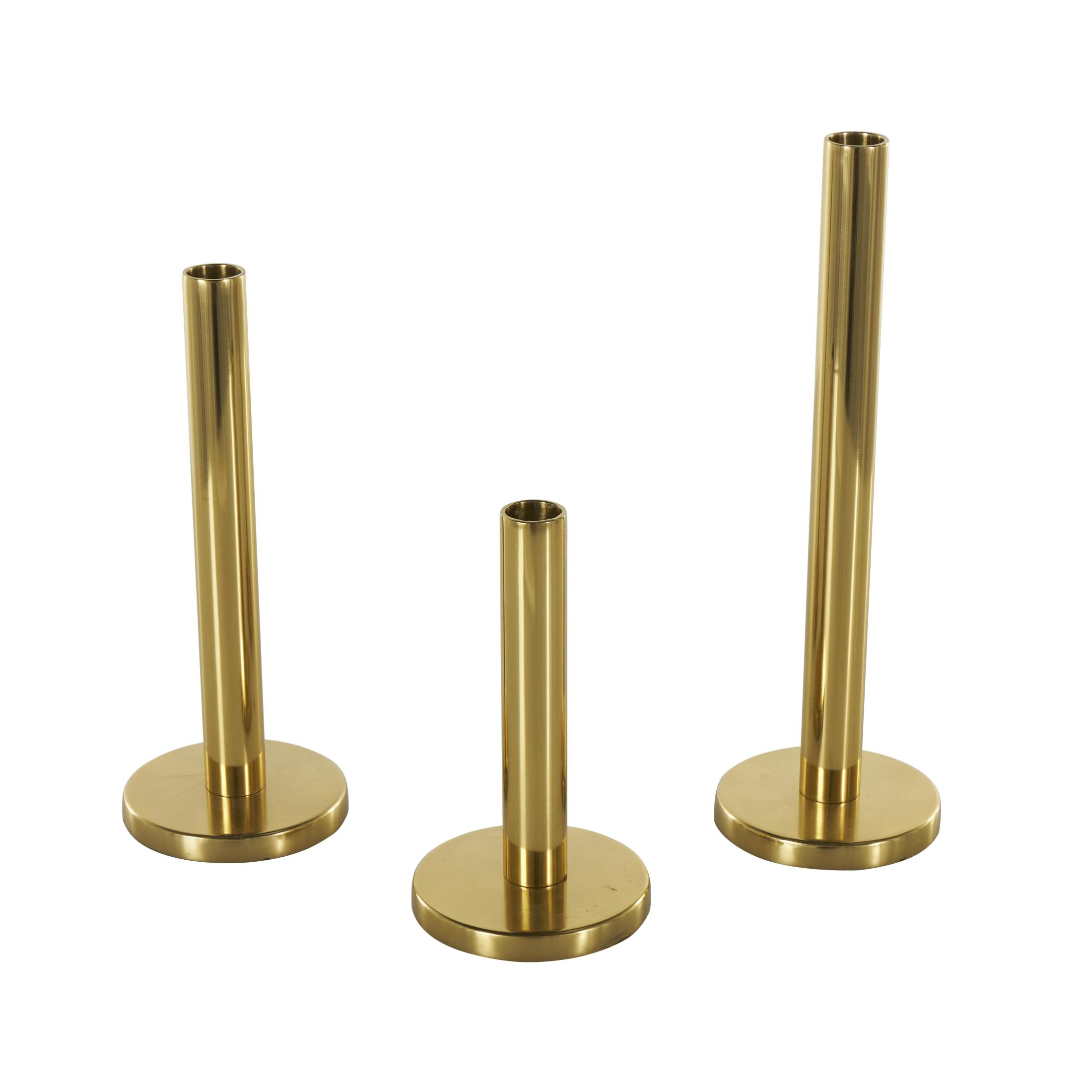 DecMode 3 Candle Gold Stainless Steel Metal Slim Candle Holder with Round Base, Set of 3