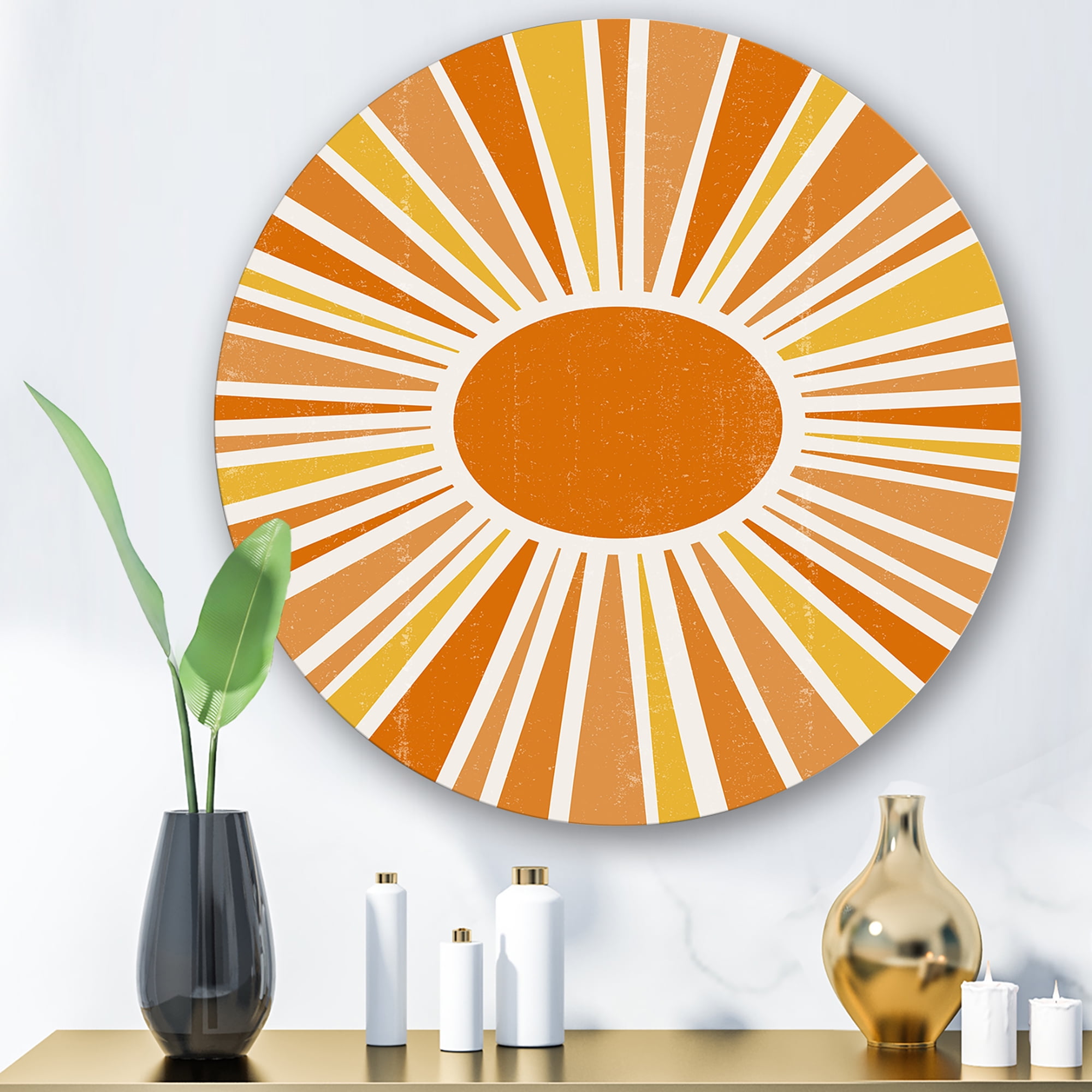 Designart 'Minimal Bright Shining Orange Sun Rays I' Modern Circle Metal Wall Art 23x23 - Disc of 23