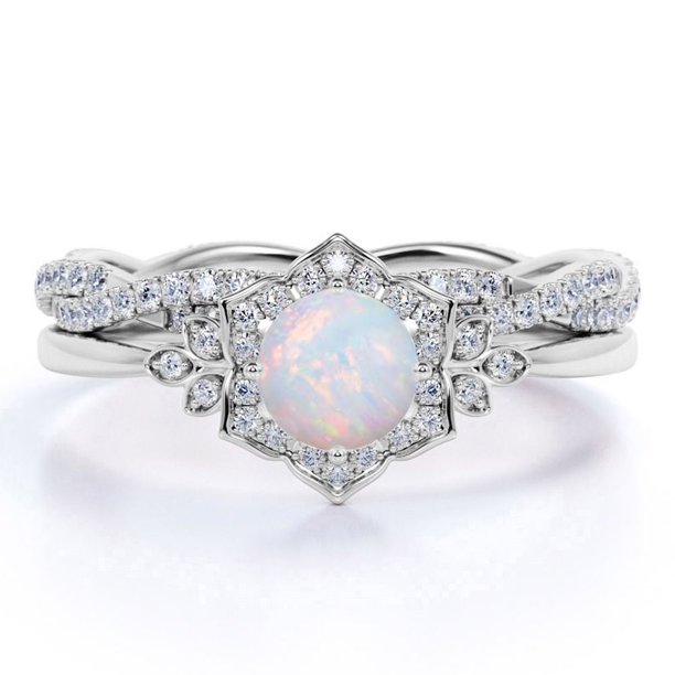 JeenMata Anillo Nupcial de 1,75 Uds con Ópalo de Fuego Azul Genuino Redondo y Moissanita Engastado en Oro Blanco de 18 K sobre Plata