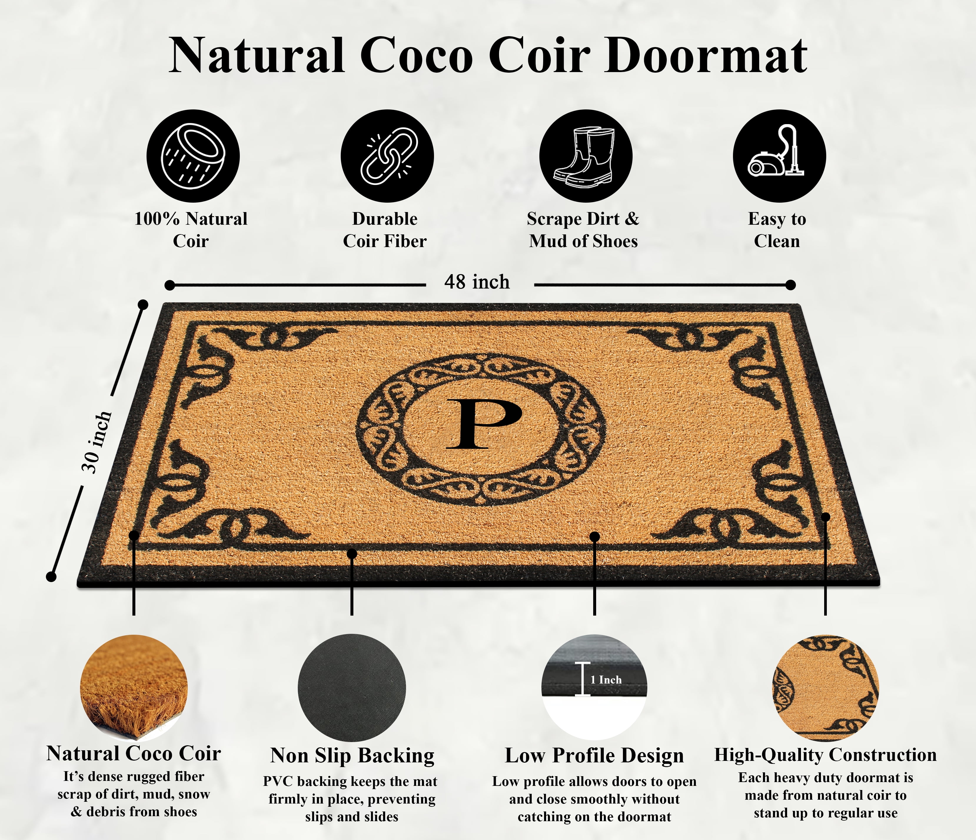 A1HC First Impression Hand Crafted by Artisans Geneva Monogrammed Entry Doormat For Outdoor Entrance Front Door Mat, 30"X48"