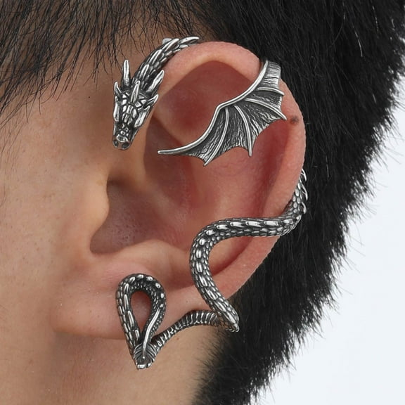 Gothic Dragon Ear Cuff Earring for Men, 1Pcs Retro Silver Punk Hip Hop Stainless Steel Snake Dragon Cuff Earrings, Cartilage Wrap Ear Stud Earrings