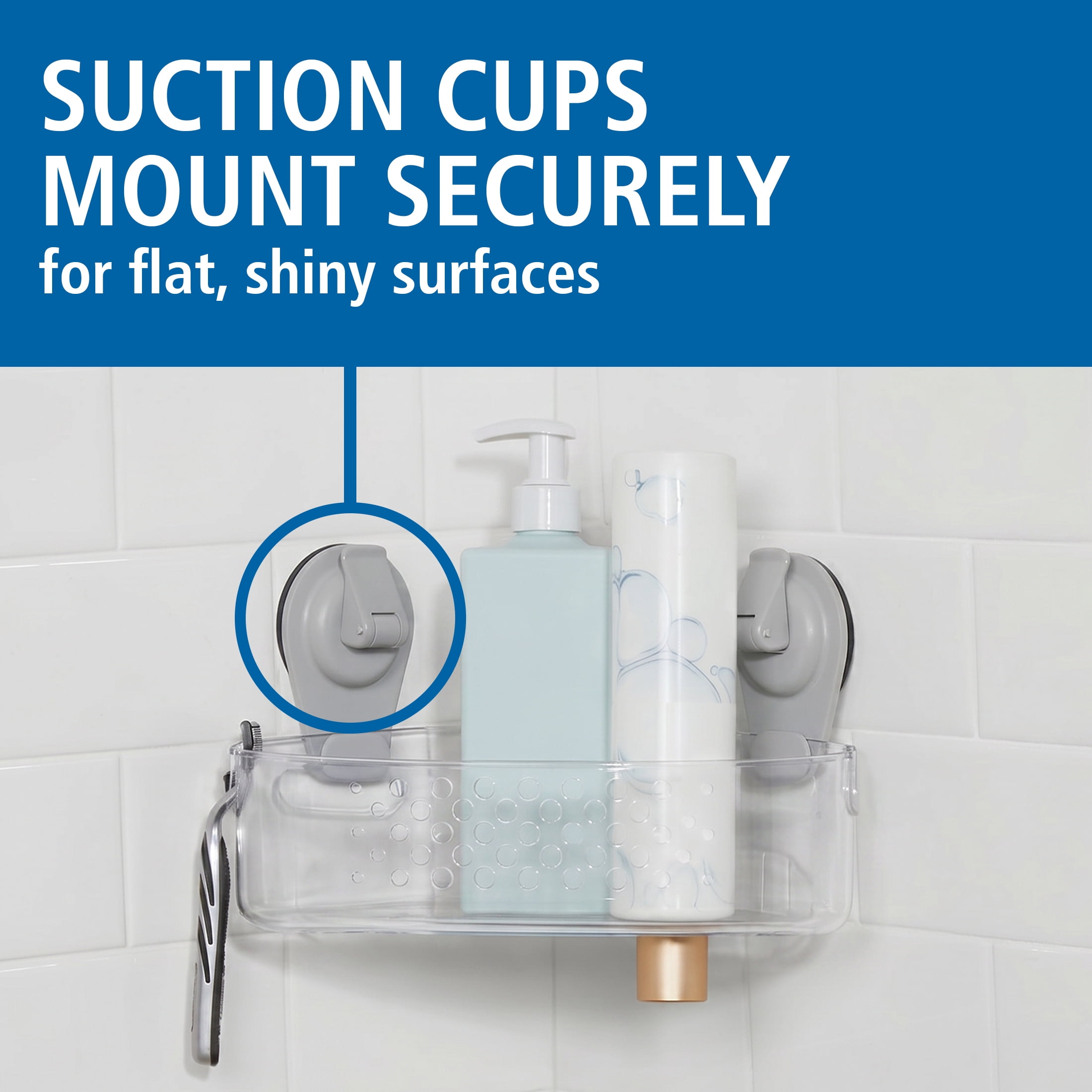 Mainstays Wall-Mounted Corner Suction Bath Basket, Easy to Install Shower Caddy, No Tools, Clear