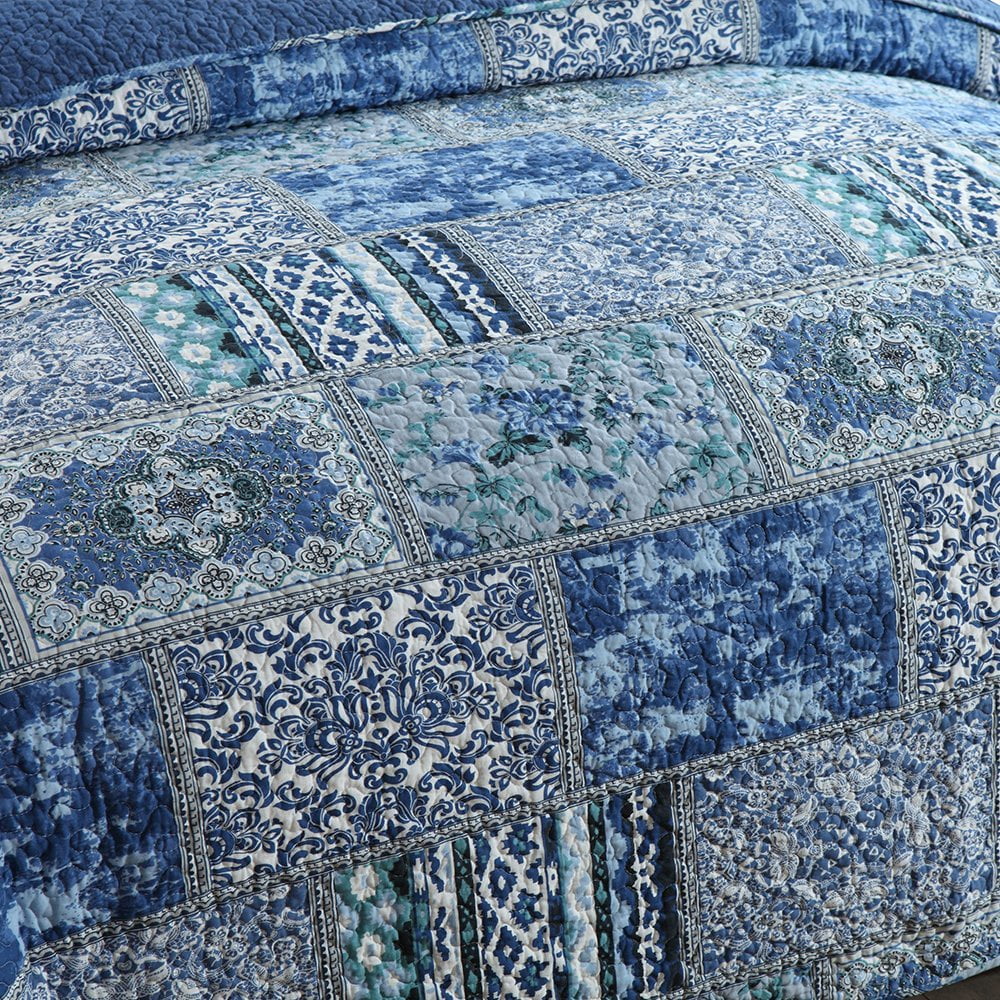WannaToo Quilt Comforter Cotton Bedding Set With Shams, Vintage Blue, King