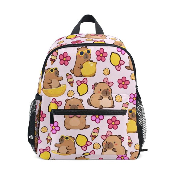 Capybara Lemon Flower Pattern Mini Backpack Cute Small Backpack with Chest Strap and Whistle Ages 3-8