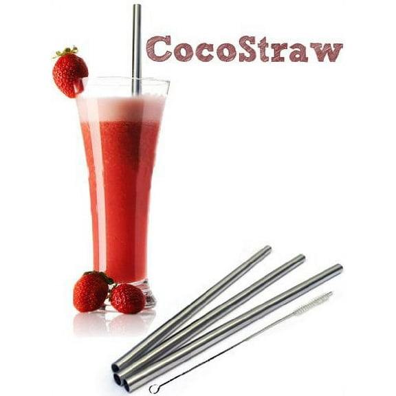 4 Stainless Steel Wide Smoothie Straws - CocoStraw Large Straight Frozen Drink Straw - 4 Pack   Cleaning Brush (4)