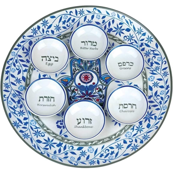 Aviv Judaica Artistic Floral Hamsa Passover Seder Plate 13.5" Ceramic Sader Dish with 6 Mini Plates for Symbolic Seder Foods Stunning Round Pessah Tray Chamsa Pesach Decor Plates