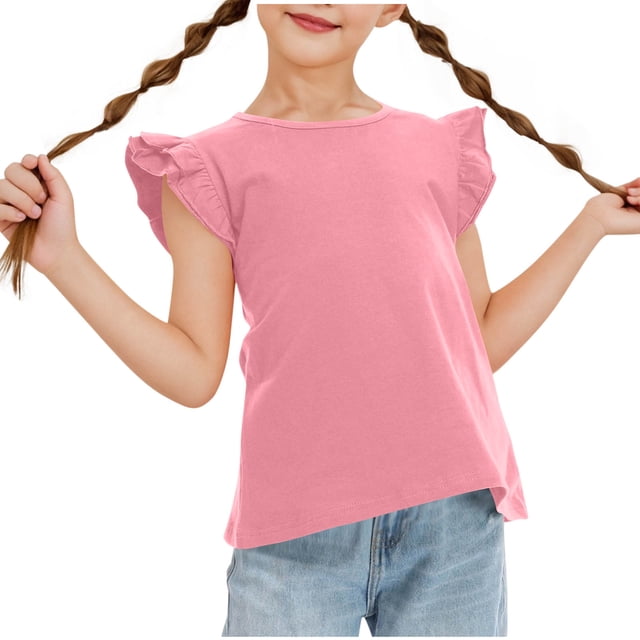 Girls Ruffle Sleeve Shirts Summer Crewneck Tee Tops Casual Cute Blouse Pink 7-8 Years