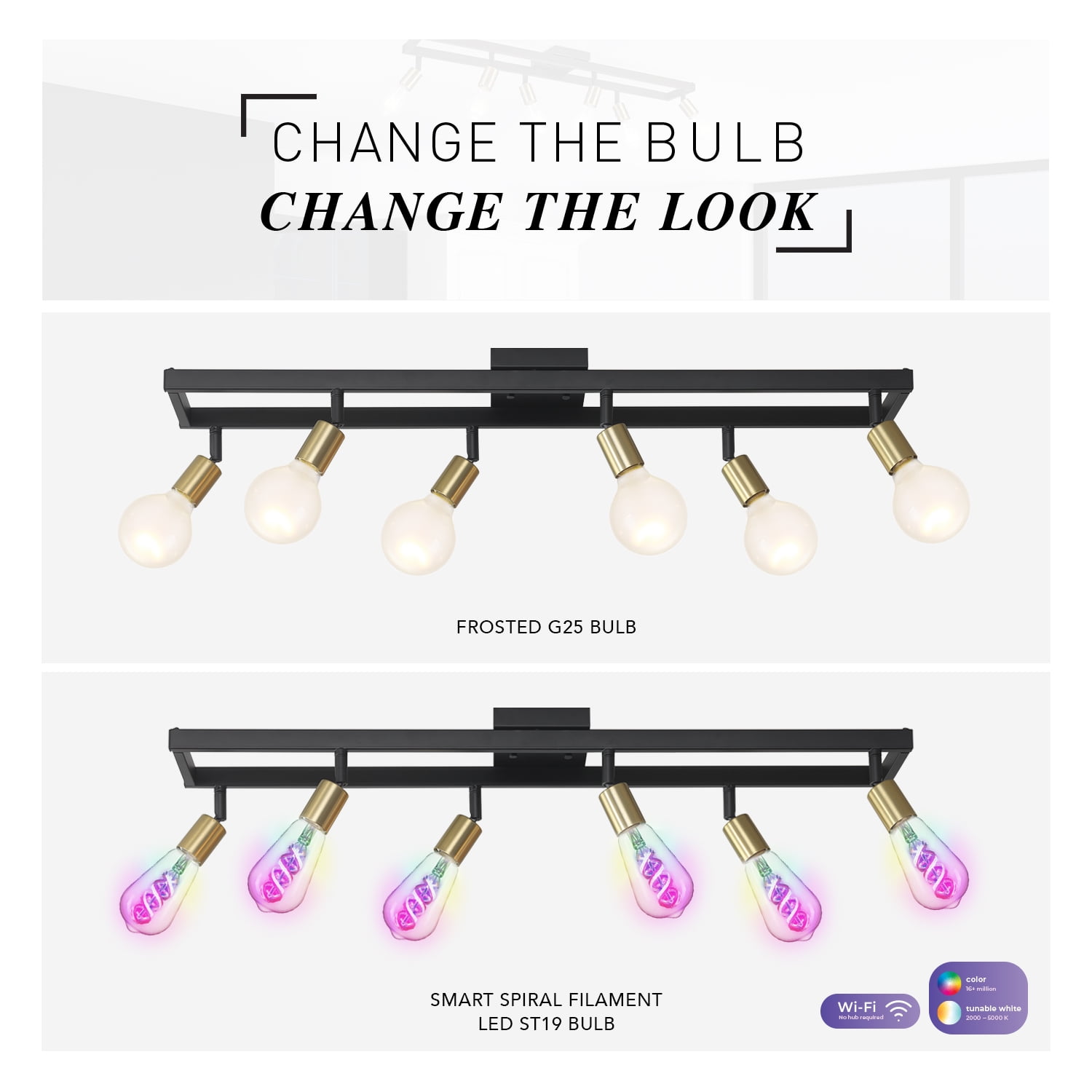 Globe Electric 36" 6-Light Matte Black Track Lighting, Matte Brass Pivoting Track Heads, 91007991