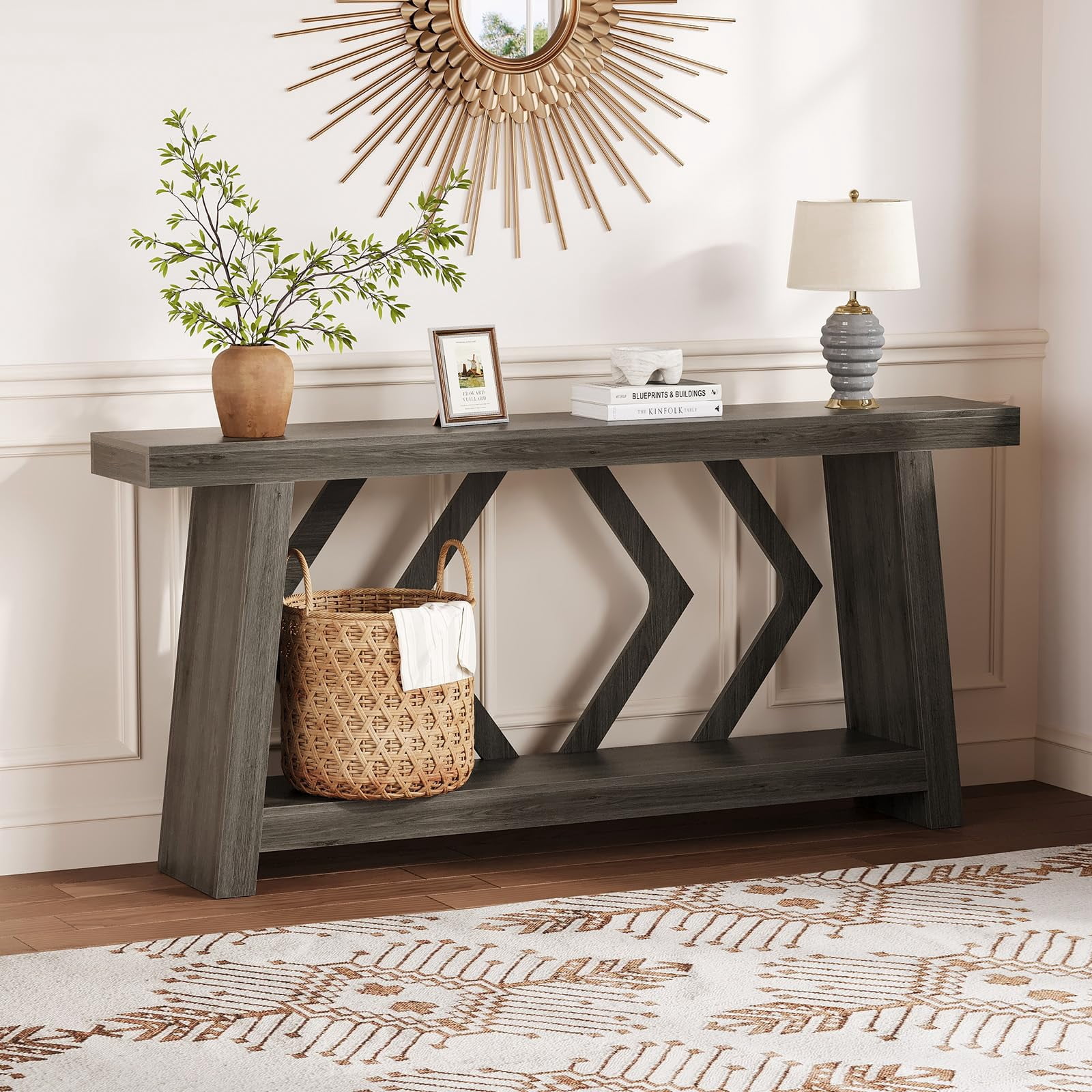 70.9 Inch Extra Long Console Table, 2-Tier All-Wood Sofa Table with Sturdy Trapezoid Legs, Entryway & Hallway Table for Living Room, Foyer