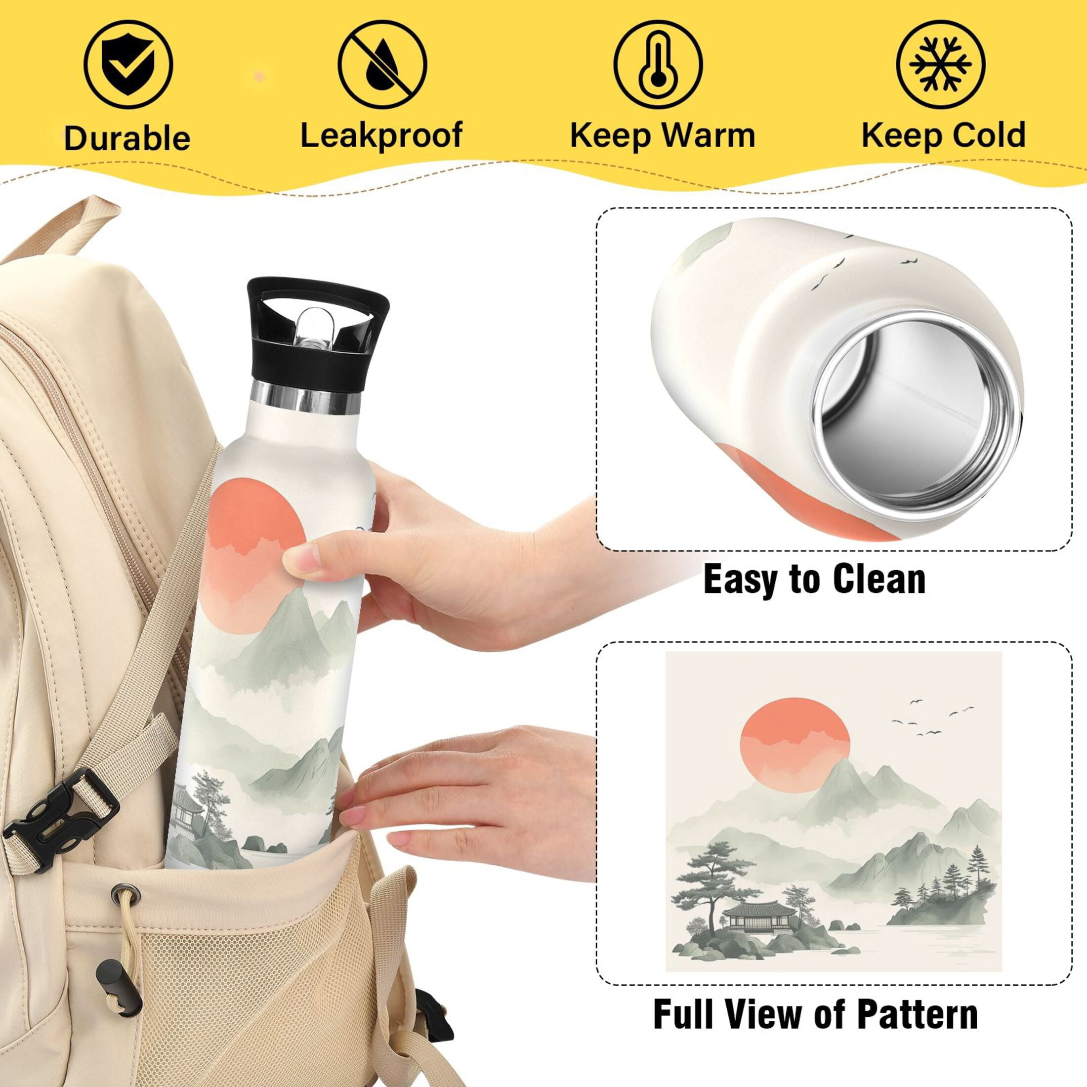 600ML Stainless Steel Insulated Cup Sports Water Bottle Portable Thermos Cup Water Glasses Insulated Tumblers Convenient and Durable The Orange Sun