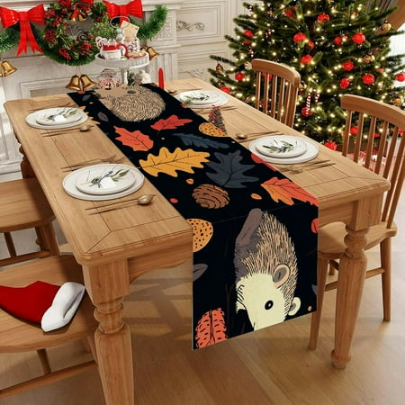 

1pc Linen Hedgehogs and Acorns Leaves Party Decoration Gift Holiday Decorations Room Decor Scene Decor Dustproof & Wipe Clean Table Runner