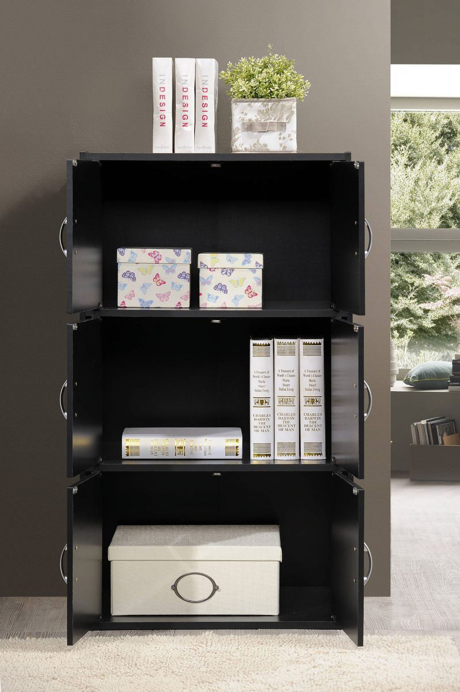 Hodedah 3-Shelf, 6-Door Multipurpose Bookcase, Black