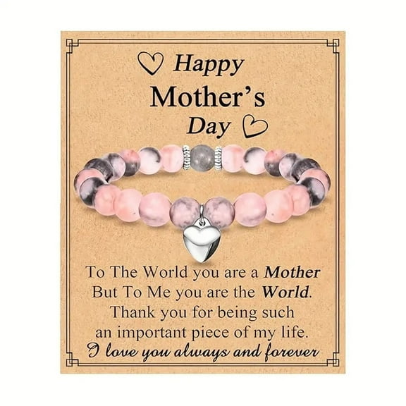 Mother's Day Gift - Pink Zebra Stone Moonstone Beaded Bracelet with Heart Pendant Women's Jewelry for Mom/Wife/Daughter