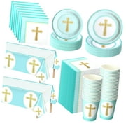 SKYSONIC 24-Piece First Holy Communion Set with Plates, Napkins, and 2 Tablecloths, Blue Baptismal Party Decor for Boys
