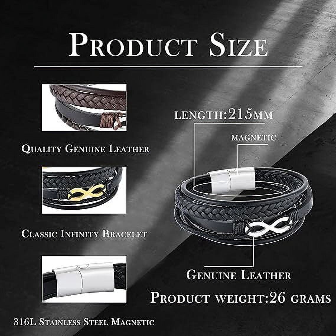 Raymard Mens Infinity 8 Multi-Layer Leather Bracelet,8.5" Black and White Bracelet for Men