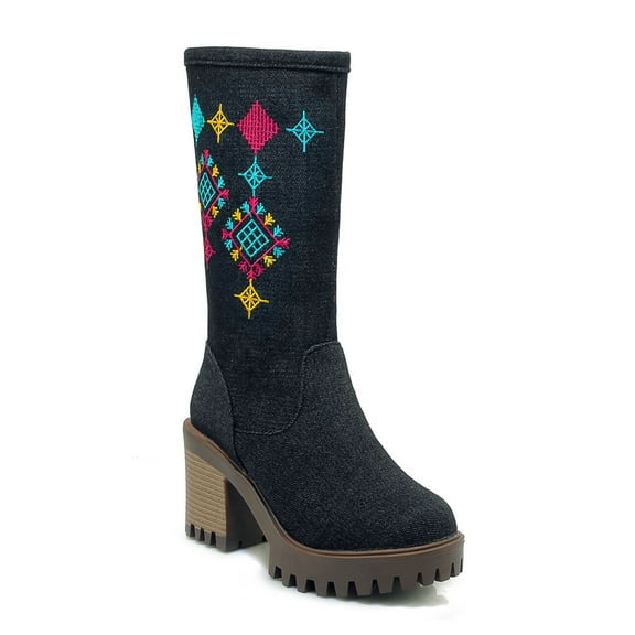 Fesfesfes Platform Boots for Women Fall Winter Ethnic Embroidered Thick-soled Thick High-heeled Side Zipper Mid-tube US:4.5(35)