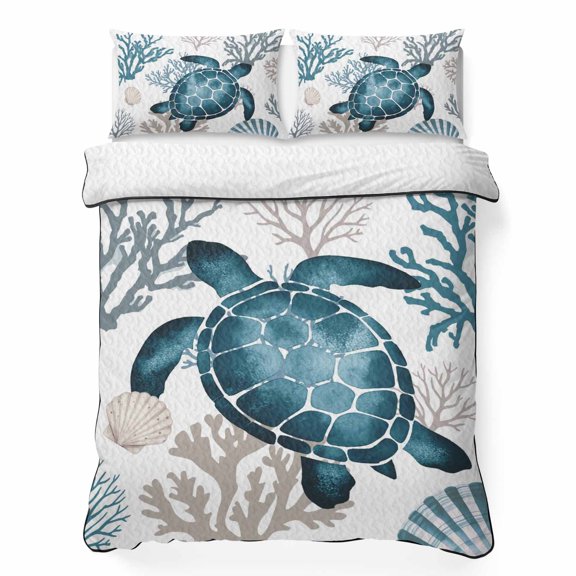 Quilts Full Size Bedding Set, Coastal Turtle Lightweight Quilted Comforter, Blue Ocean Coral Conch Beach Nautical Soft Reversible Bedspread Coverlet with Pillow Covers for All Season, 78" x 90"