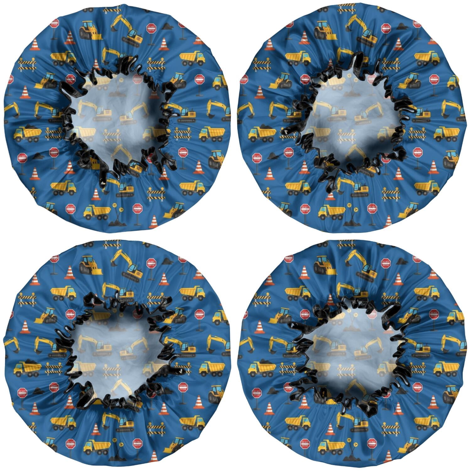 Shower Caps,Cartoon Construction Vehicles Traffic Signs Waterproof Shower Cap for Women 4 Pieces,Double Reusable Hair Cover for Shower PEVA Elastic Stretch Hem
