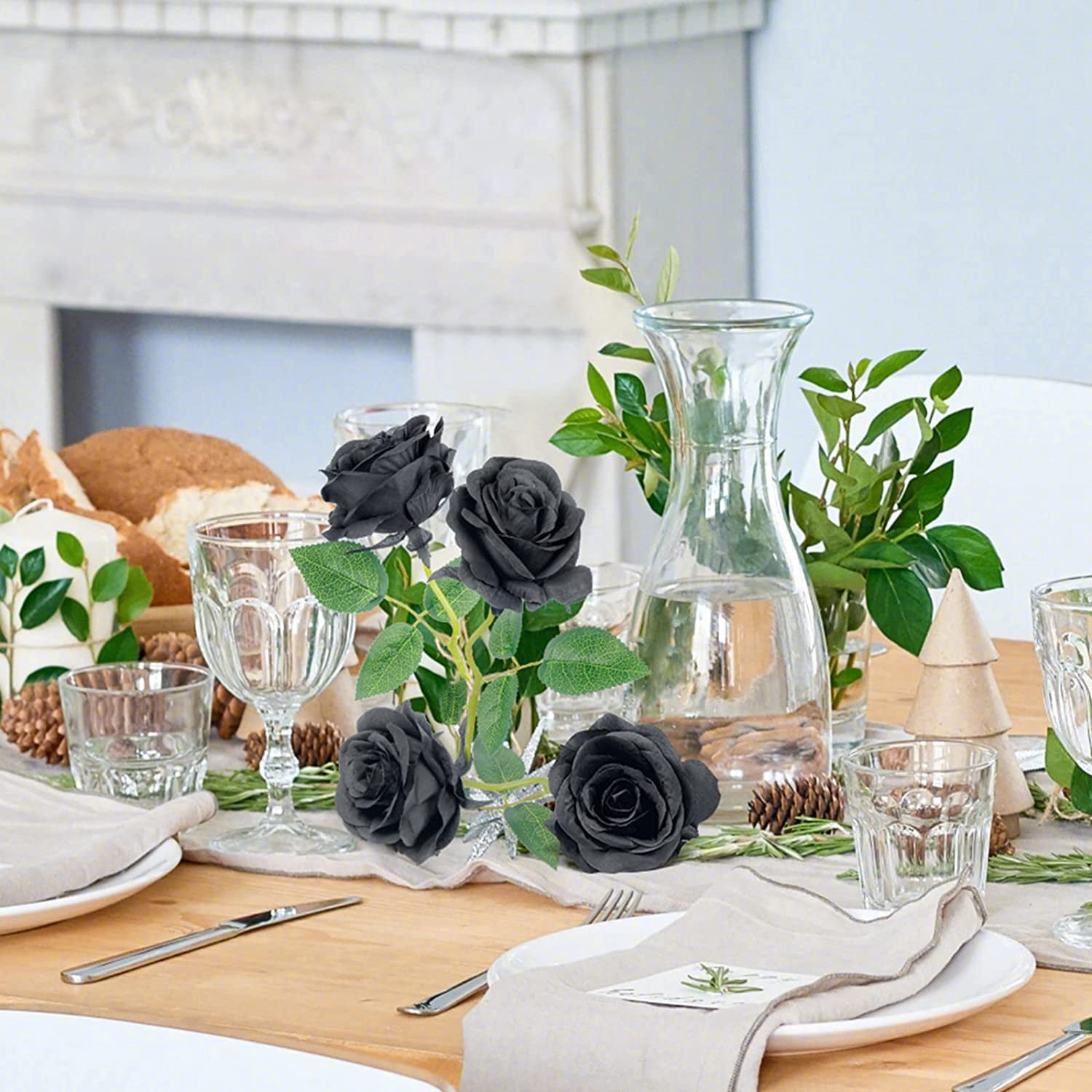 ZOELNIC 24Pcs Rose Artificial Flowers, Black Fake Roses Realistic Silk Roses with Single Stems, Faux Roses Bouquet for Wedding Centerpieces Bridal Shower Party Home Table Decorations