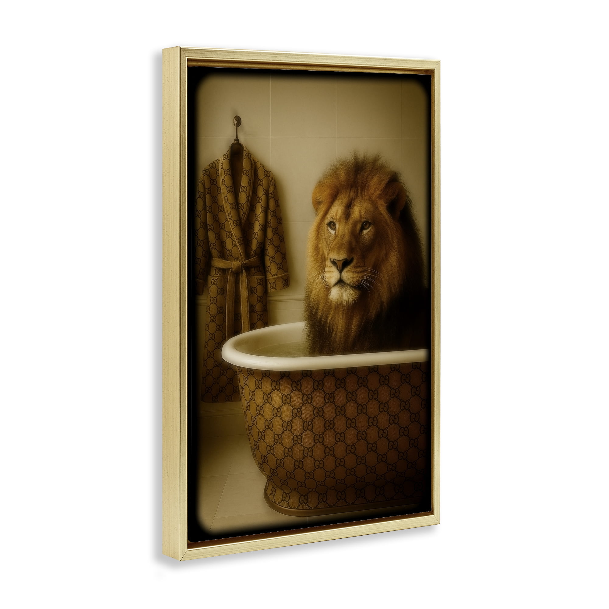 Stupell Industries Couture Lion in Luxury Tub Gold Framed Floater Canvas Wall Art, design by Grotto Studios