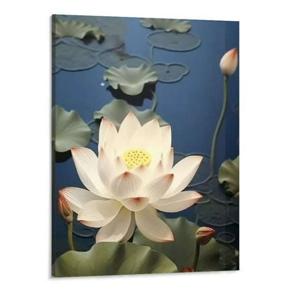 Chilfamy Beautiful Lotus Flower in The Pond - Zen Mural Painting White Lotus And Black Zen Stones Pictures Home Decor Art Printing Canvas Wall Art Modern Wall Hanging Painting Artwork Decor 16x20 In