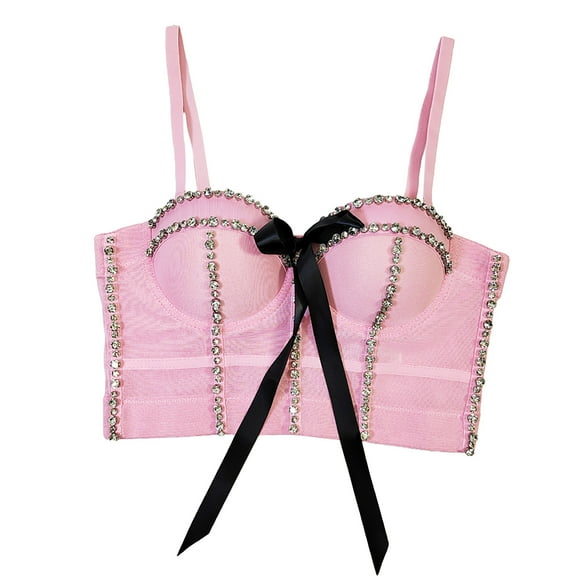 Xfvqtps Womens Rhinestone Lace Corset Crop Tops Sling Tube Top Flexible Boned Support Spaghetti Straps Bustier Vest Waist Corset Pink