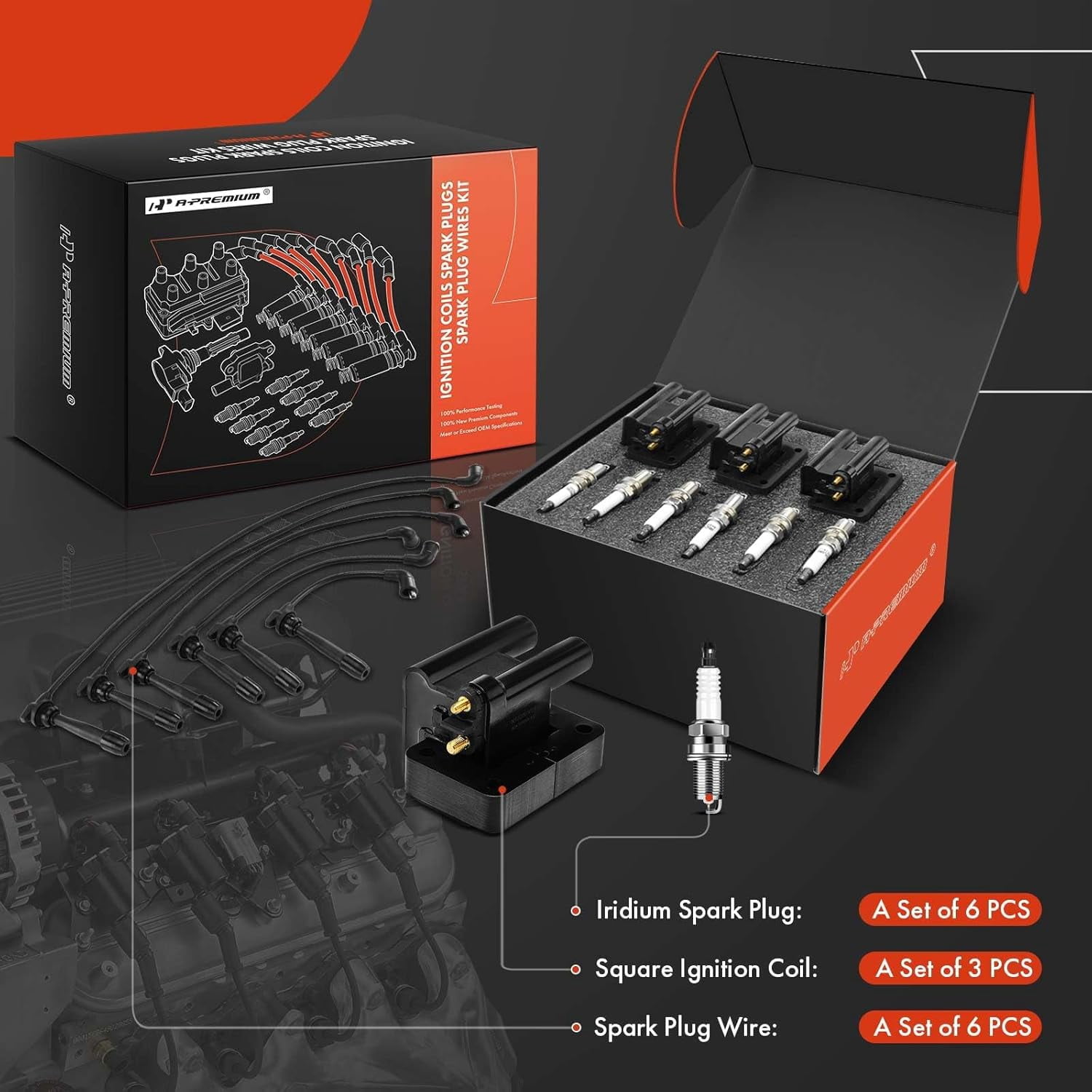 A-Premium 3 Ignition Coils with 6 Spark Plug Wires and 6 Iridium Spark Plugs Compatible with Hyundai Sonata 2002 2003 2004 2.7L