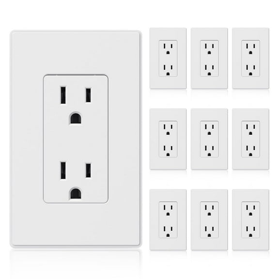 ELEGRP Decorator Electrical Wall Receptacle Outlet, 15A 125V, 2 Pole 3 Wire, Self-Grounding, Non- Tamper Resistant, Self-Grounding, NEMA 5-15R, UL Listed, Wall Plate Included, Matte White,10 PC