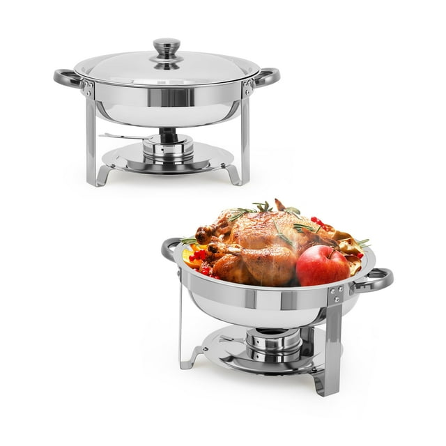 Kojooin Ensemble de Plats Anti-Frottement, Serveur de Buffet Rond en Acier Inoxydable et Réchaud à Aliments avec Couvercle en Verre pour Traiteur et Fêtes