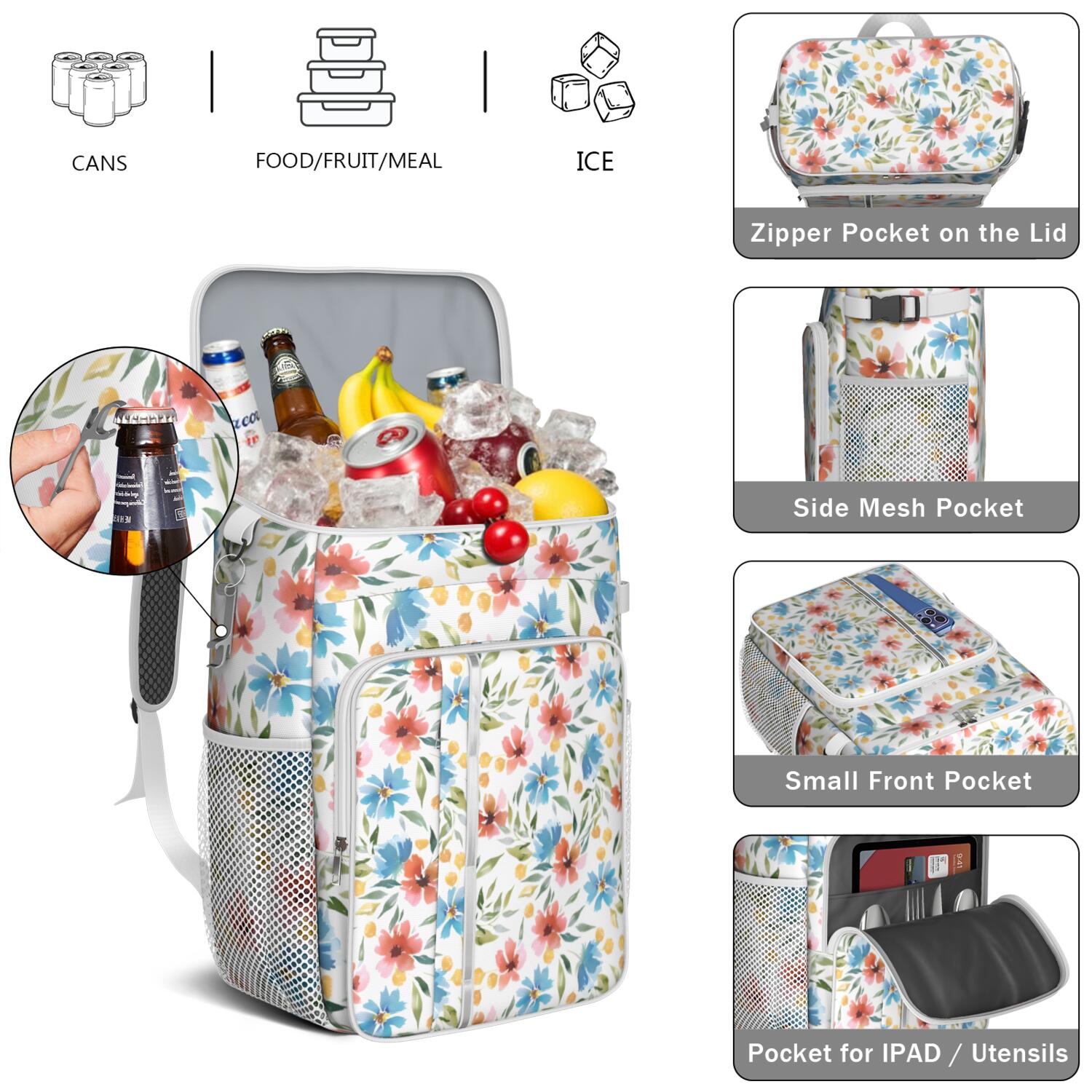 Travel Cooler Bag - Pioneer Flower Floral Print Pattern Camping Beer Cooler Backpack with Bottle Opener- Waterproof Insulated Picnic Backpacks - Cooler Bag for Beach