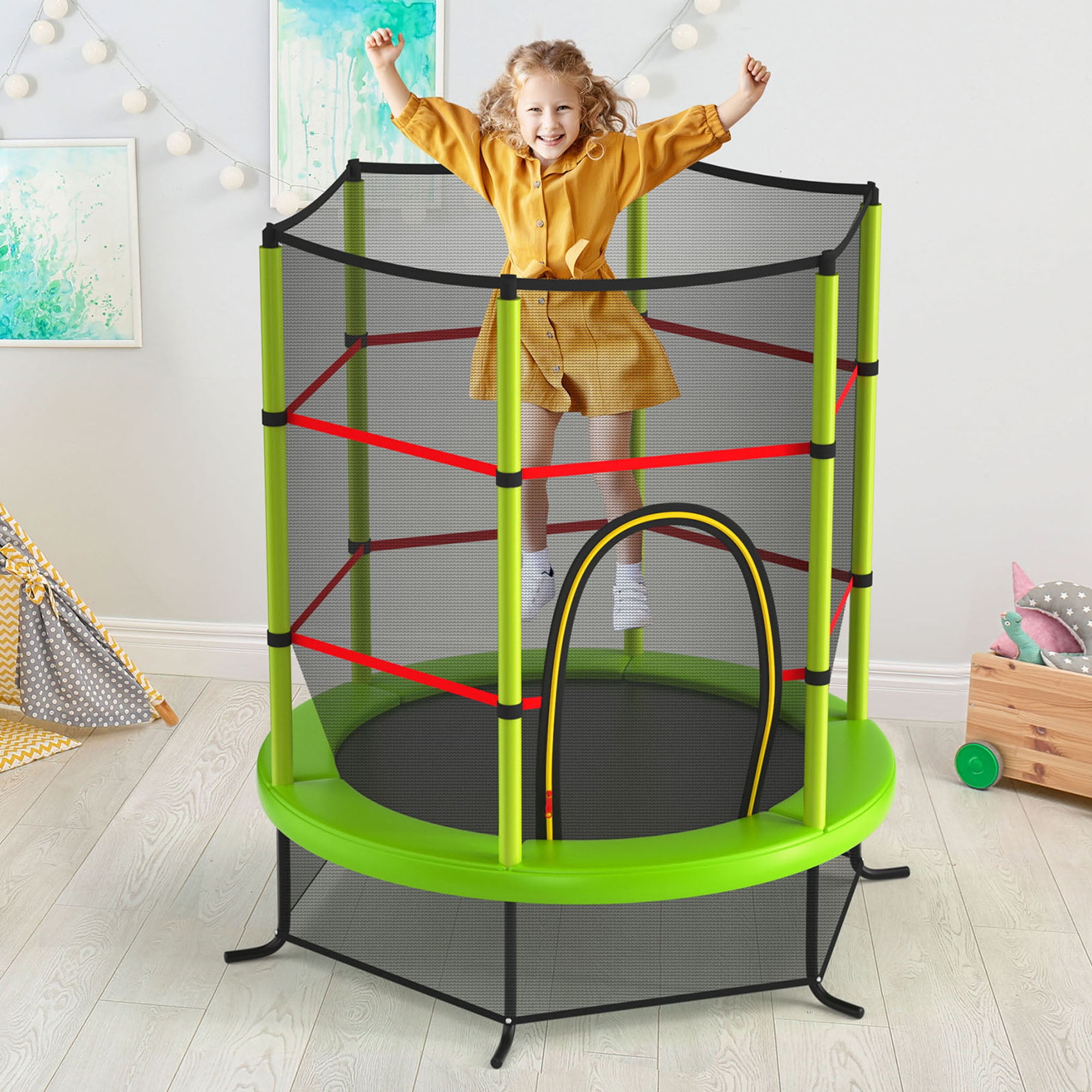 Gymax 55'' Recreational Trampoline for Kids Toddler Trampoline w/ Enclosure Net Green