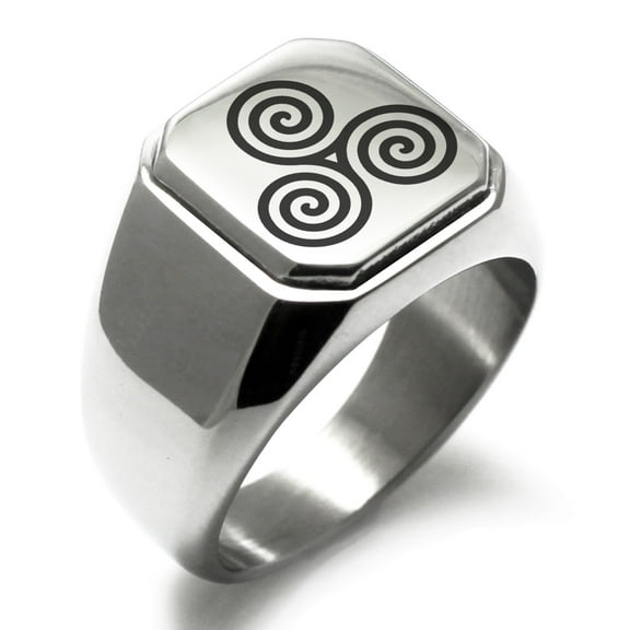 Stainless Steel Celtic Triskele Triskelion Triple Spiral Engraved Square Flat Top Biker Style Polished Signet Ring
