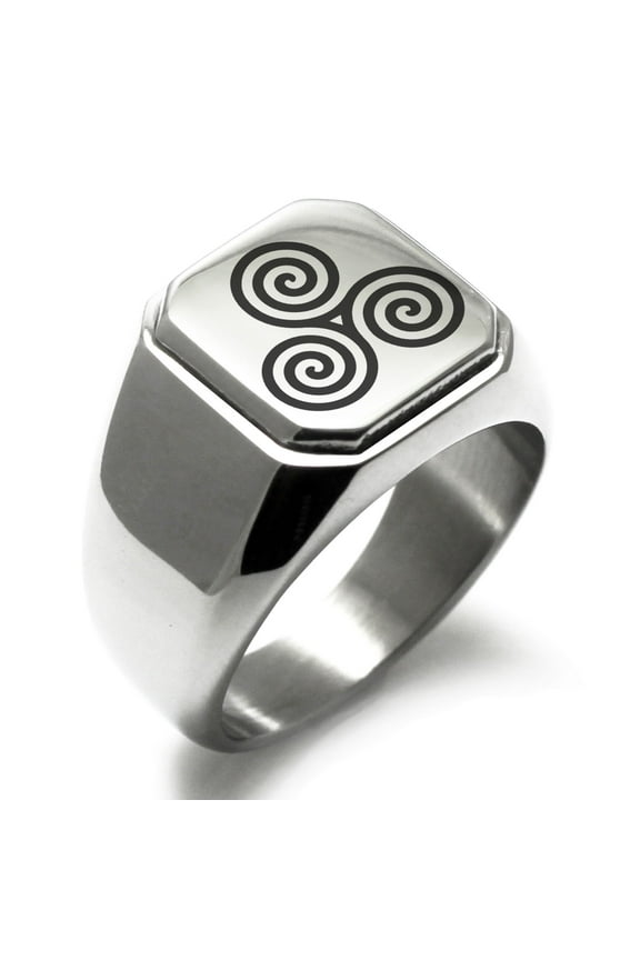 Stainless Steel Celtic Triskele Triskelion Triple Spiral Engraved Square Flat Top Biker Style Polished Signet Ring