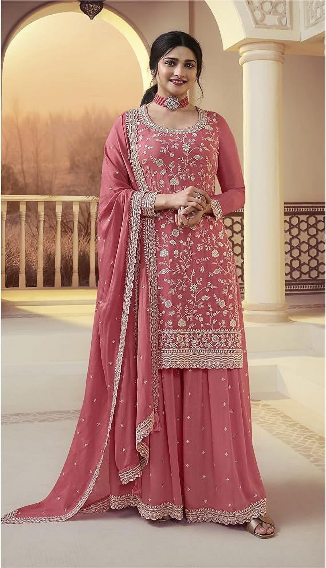 gold satin dress shoes Pastel Peach Embroidery Slit Style Anarkali Suit plus-size main image 0