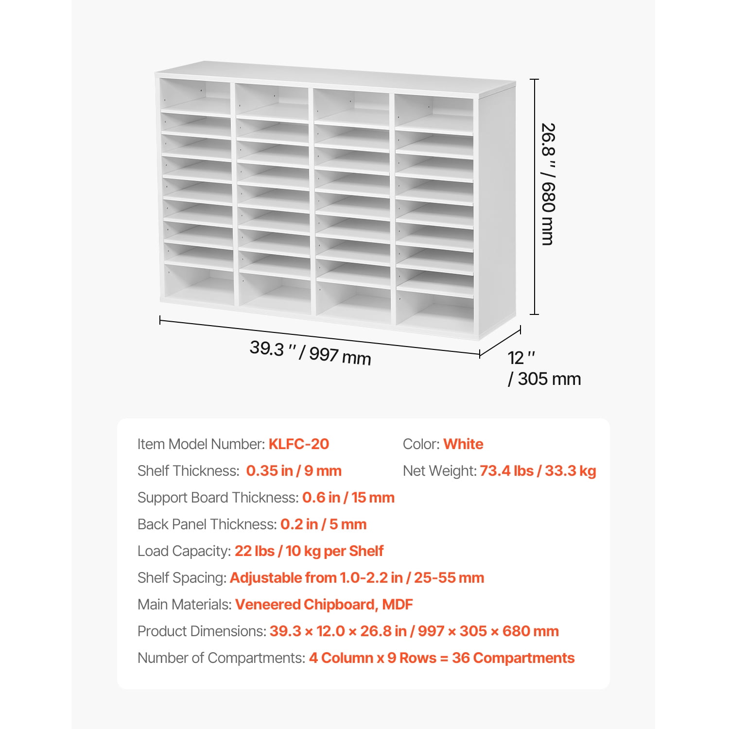 KFFKFF Document Divider, 36 Sections Office Postbox with Modifiable Racks, Timber Post Sorter Medium Density Fiberboard for Office, Home, Classroom Storage of Files, Documents, Papers, in White