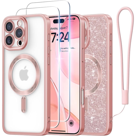 Meifigno Magnetic Case for iPhone 16 Pro Max 6.9 inch, with 2X Screen Protector, with Glitter Card & Wrist Strap,Rose Gold