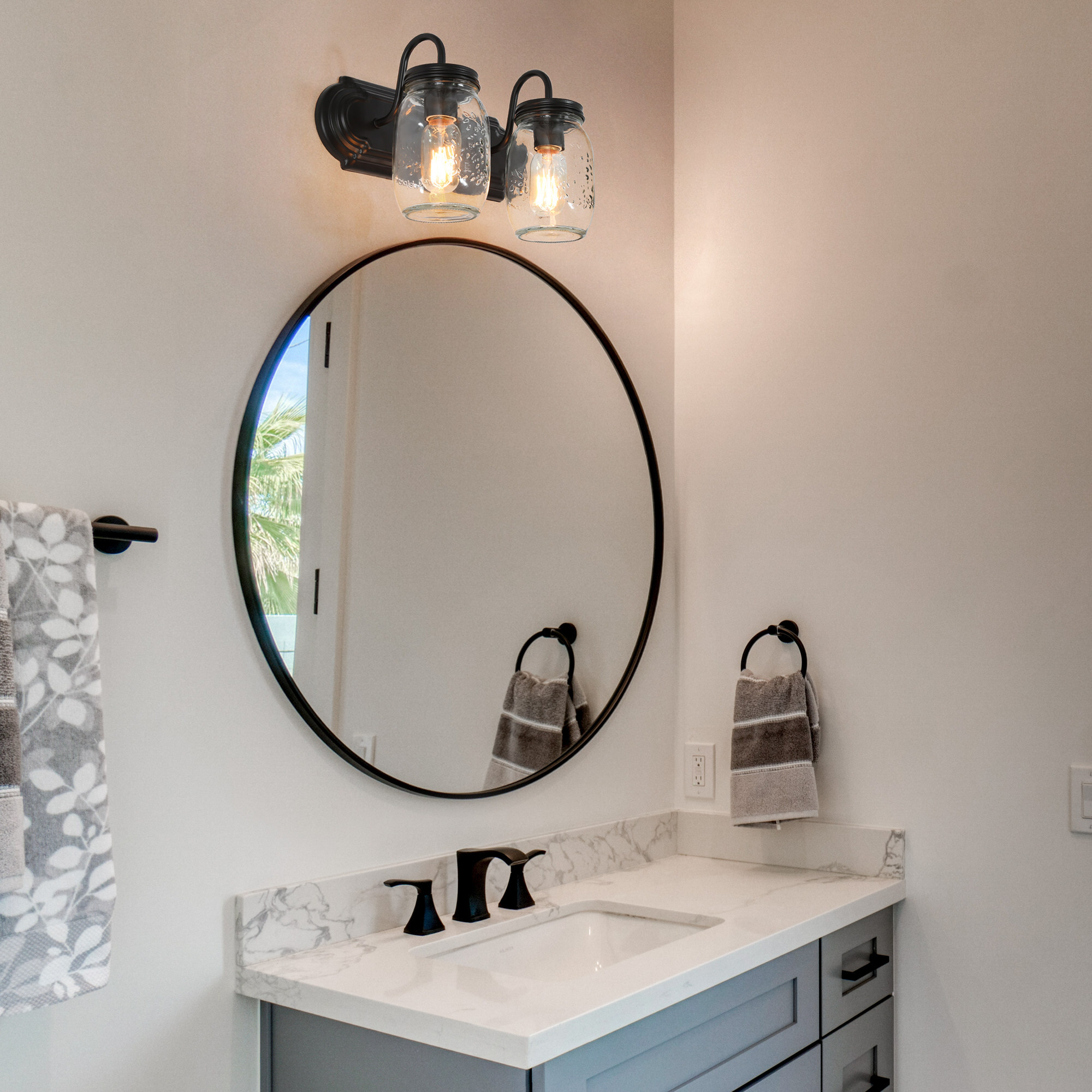 LNC 2-Light Black Geometric Clear Mason Jar Glass Modern Bathroom Vanity Lighting Fixutre
