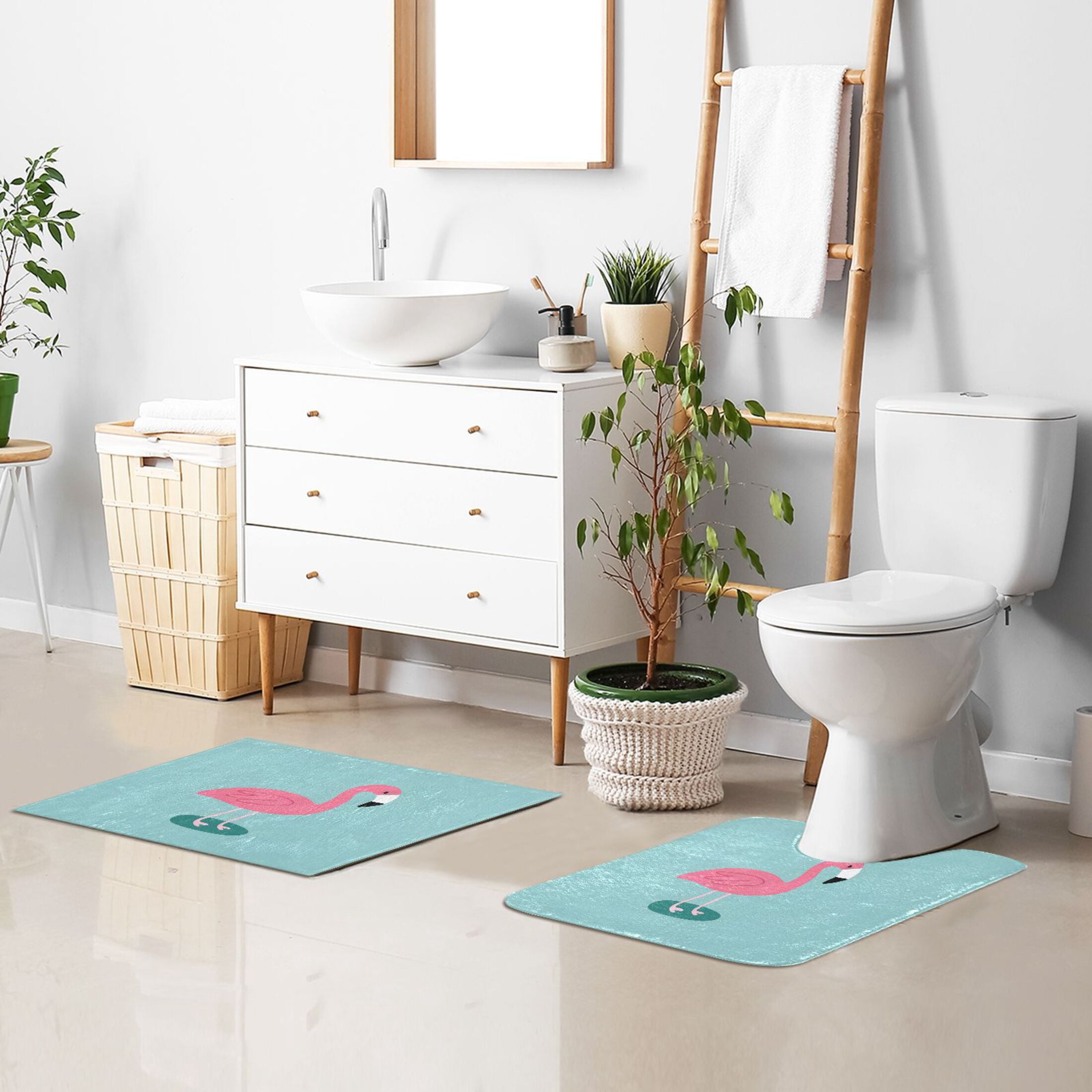 Toilet Rug Set Non-Slip Bathroom Rugs Soft Plush Machine Washable Contour Bath Mat Cartoon Flamingo 24x20/24x16