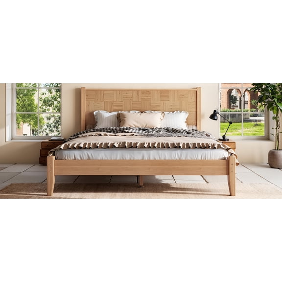 URTR Queen Bamboo Bed Frame with Headboard, No Box Spring, Natural Finish & Minimalist Design, Brown