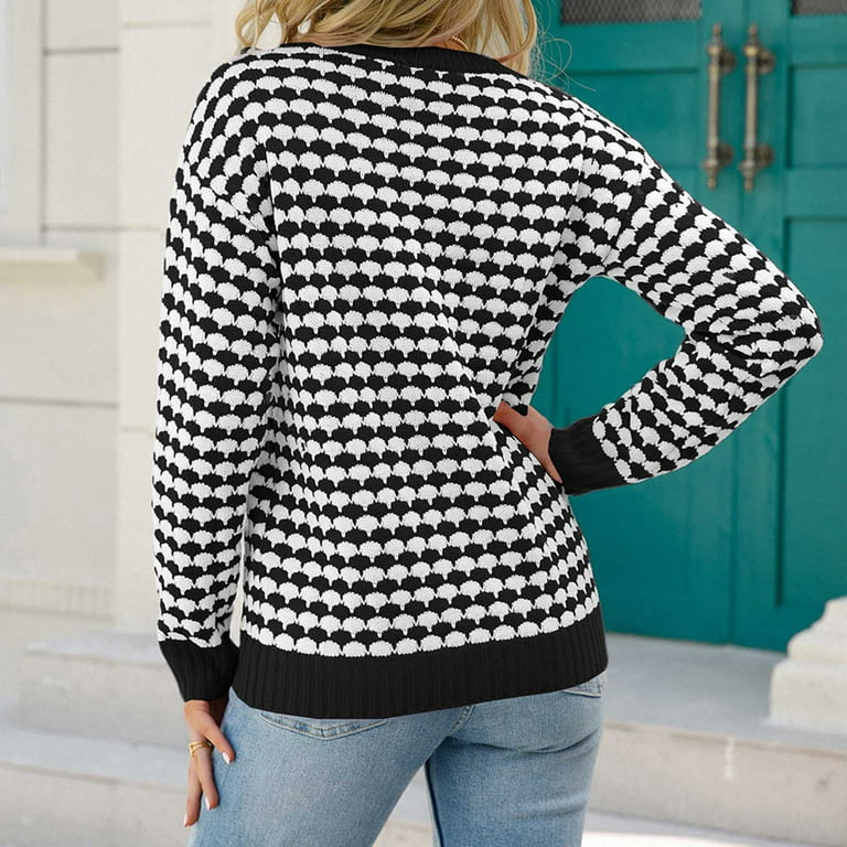 Womens Classic Houndstooth Sweaters Soft Touch Long Sleeve Pullover  Crewneck Sweater Jumper Tops