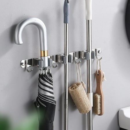 

WANYNG 201 Stainless Steel Wall Mounted Heavy Uty Mop Holder With 4 Hooks(Gray) 5ml Sticky Hooks for Pictures on Wall