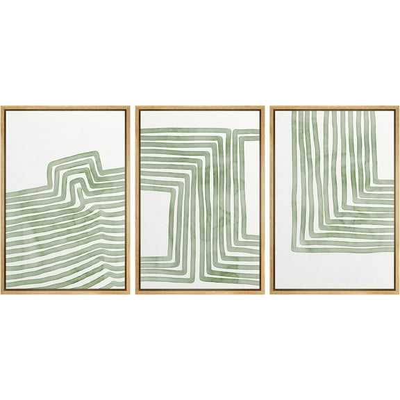 Wall26 Framed Prints Canvas Wall Art Set of 3 Sage Green Stripe Polygon Pattern Collage Abstract Geometric Illustrations Decorative Bohemian Multicolor Home Wall Decora - Natural 24"x36"x3