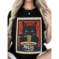 thumbnail image 2 of Women's T-Shirt Vintage Japanese Cat Quirky Black Cat Eating Ramen Short Sleeve Casual Tee Classic Crew Neck T Shirt for Women Black, 3XL, 2 of 7