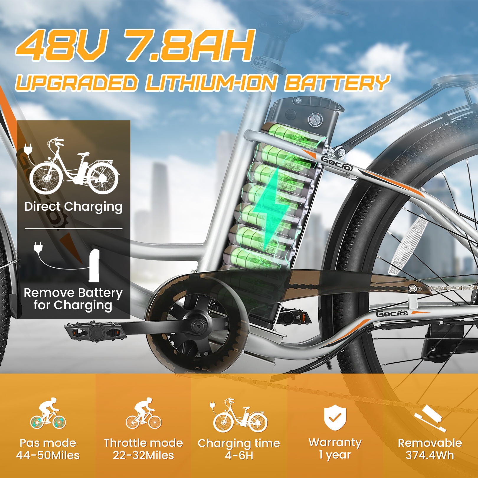 Gocio 26" Electric Bike for Adults, 500W Motor, City Commuter E-Bike, 48V 7.8Ah Removable Battery, Max 19.8Mph, 7 Speed, UL2849​