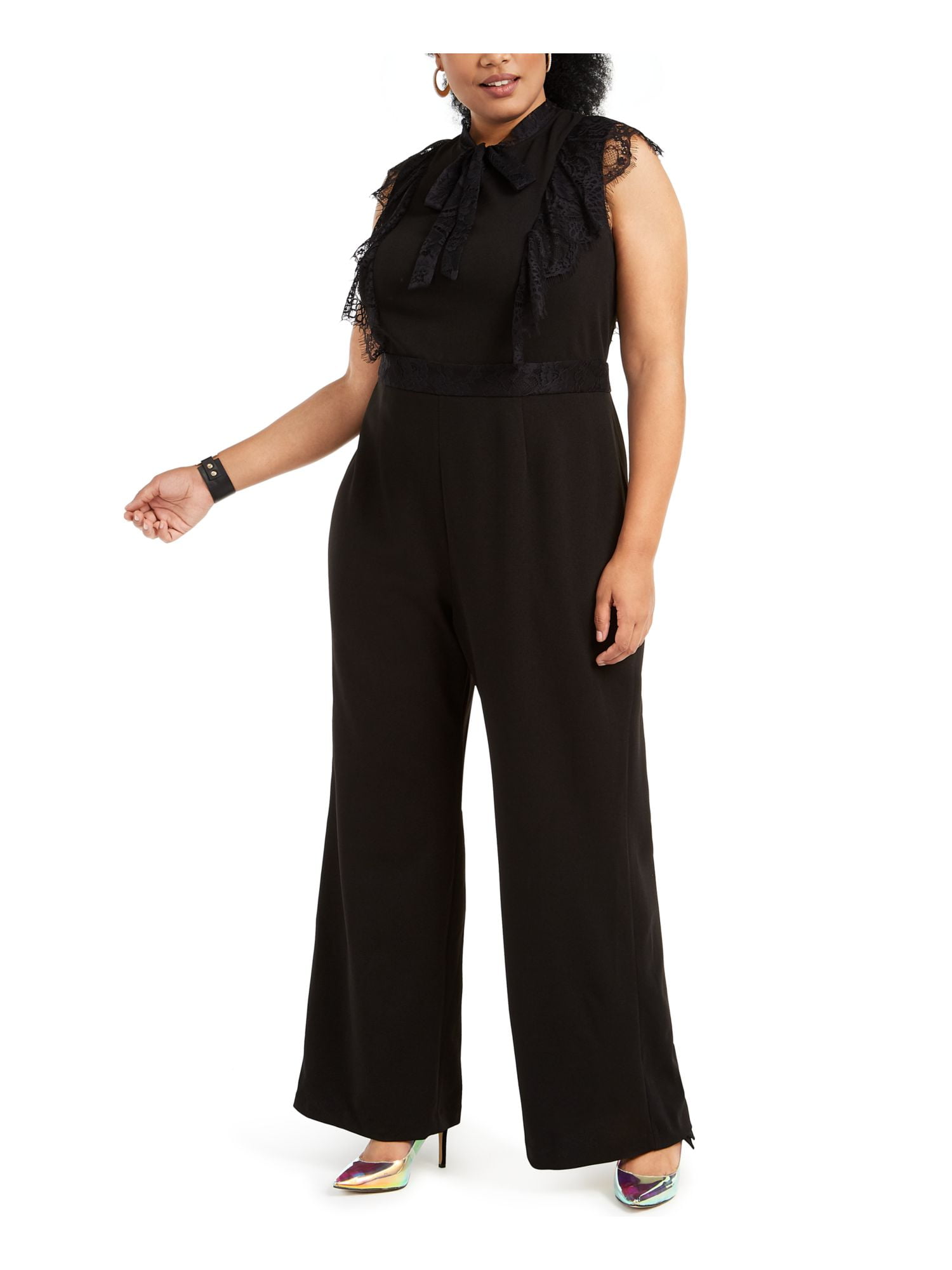 BETSEY JOHNSON Womens Black Belted Crew Neck Wide Leg Jumpsuit Size 16W BETSEY JOHNSON Womens Black Belted Crew Neck Wide Leg Jumpsuit Size 16W