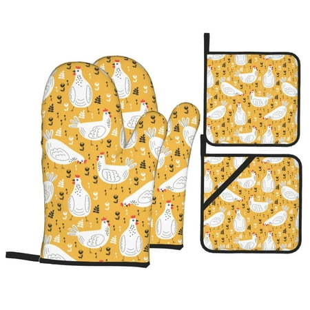 

Oven Mitts and Pot Holders 4 Piece Rustic Lines Funny Chicken Yellow High Heat Slip Resistant Oven Mitt and Trivets Set Kitchen Oven Glove Pot Holders for Cooking Baking Grilling