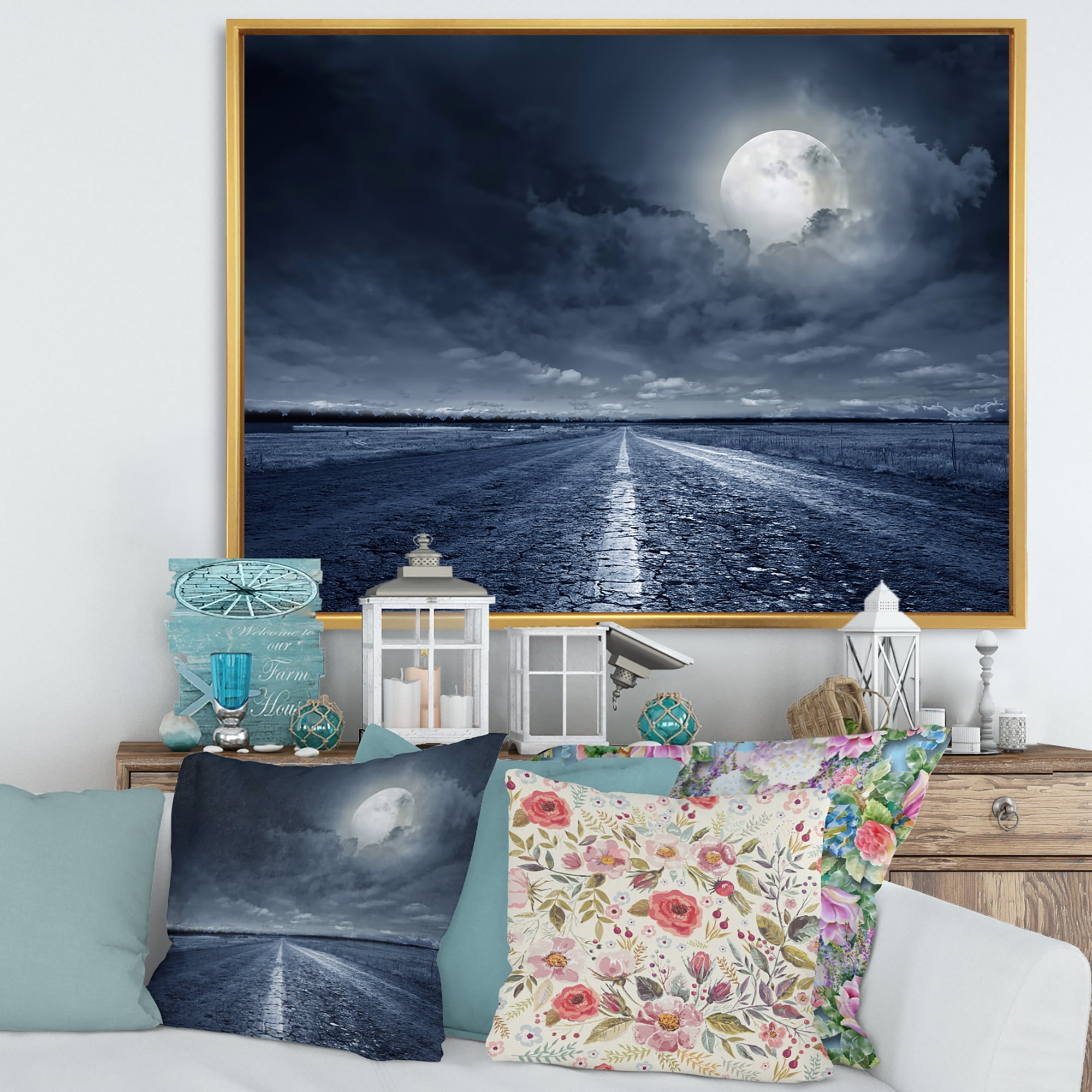 Designart 'Cloudy Full Moon Over Asphalt Road I' Nautical & Coastal Framed Canvas Wall Art Print